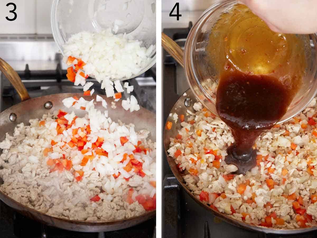 Set of two photos showing diced onions and bell peppers added to the skillet and then sauce poured on top.