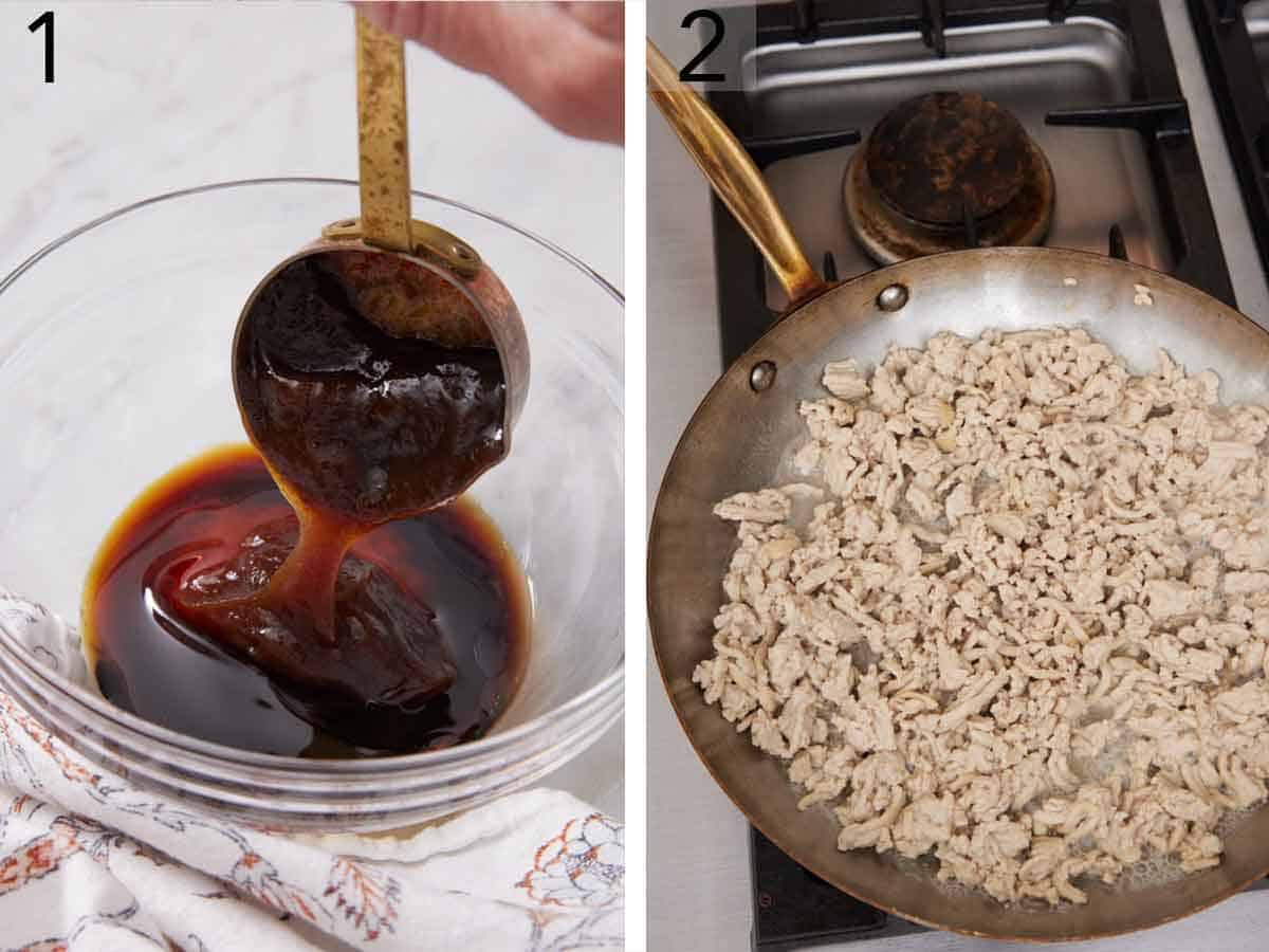 Set of two photos showing sauce ingredients added to a bowl and ground chicken browned in a skillet.