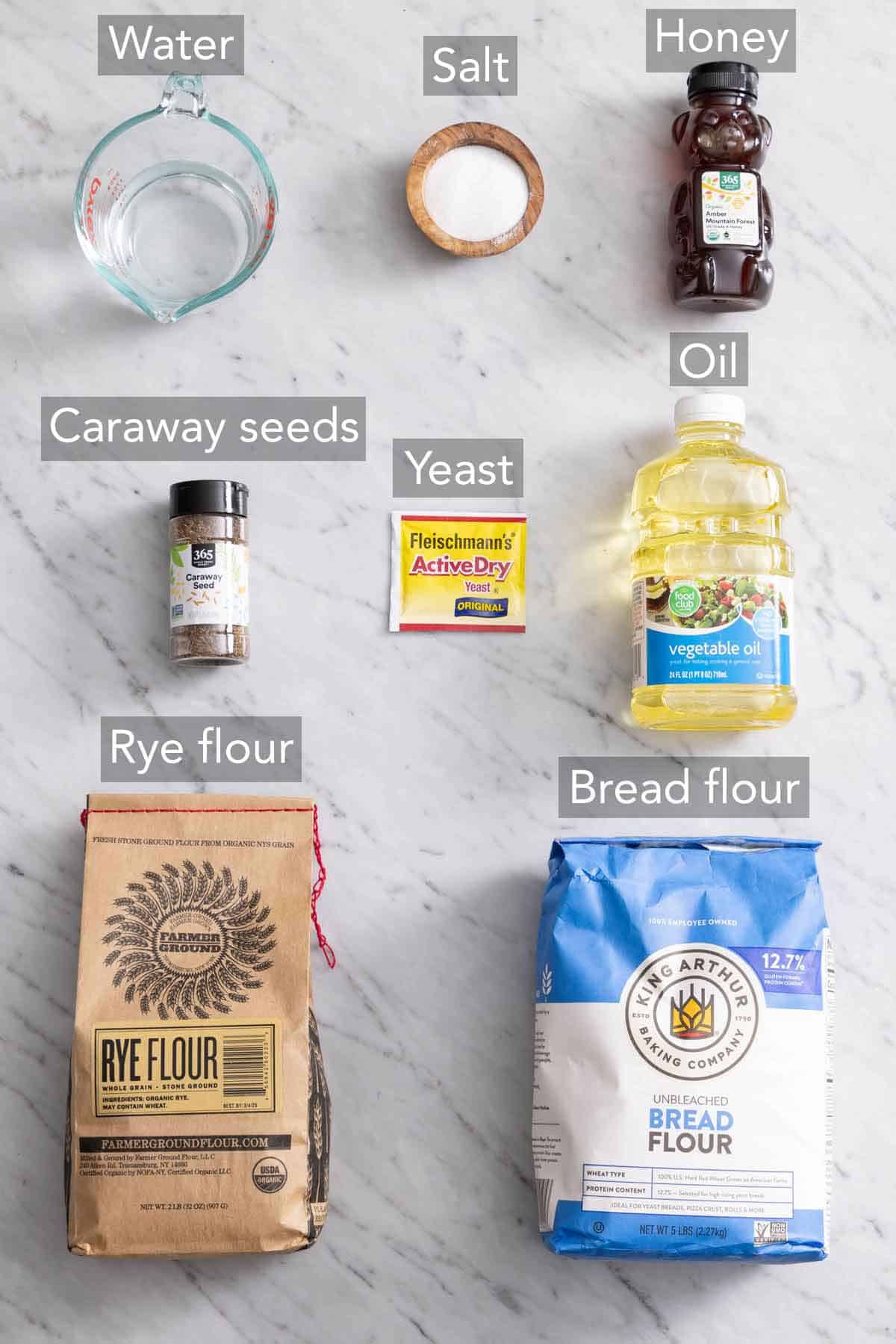Ingredients needed to make rye bread.