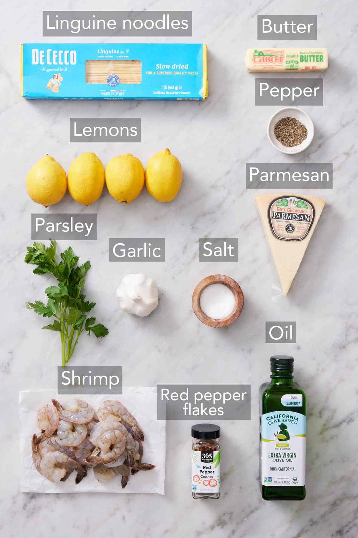 Ingredients needed to make shrimp linguine.