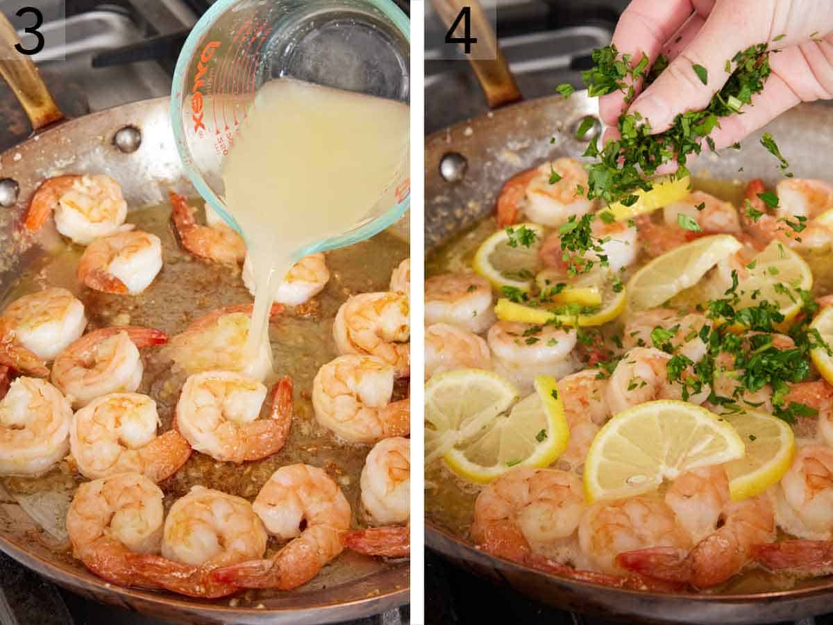 Set of two photos showing lemon juice, lemon slices, and parsley added to the skillet.