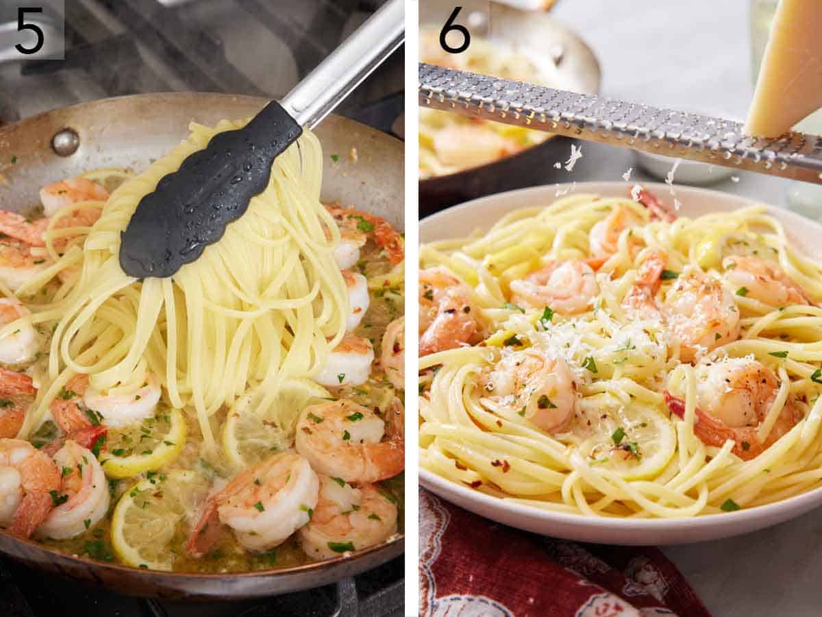 Set of two photos showing cooked noodles added to the skillet and the dish finished off with parmesan.