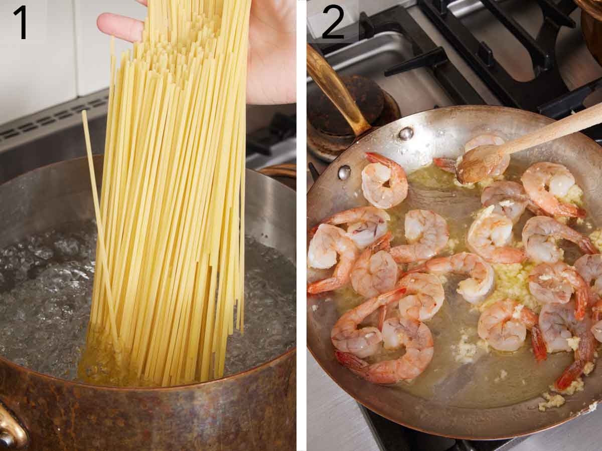 Set of two photos showing noodles added to a pot of boiling water and shrimp and garlic added to a skillet.