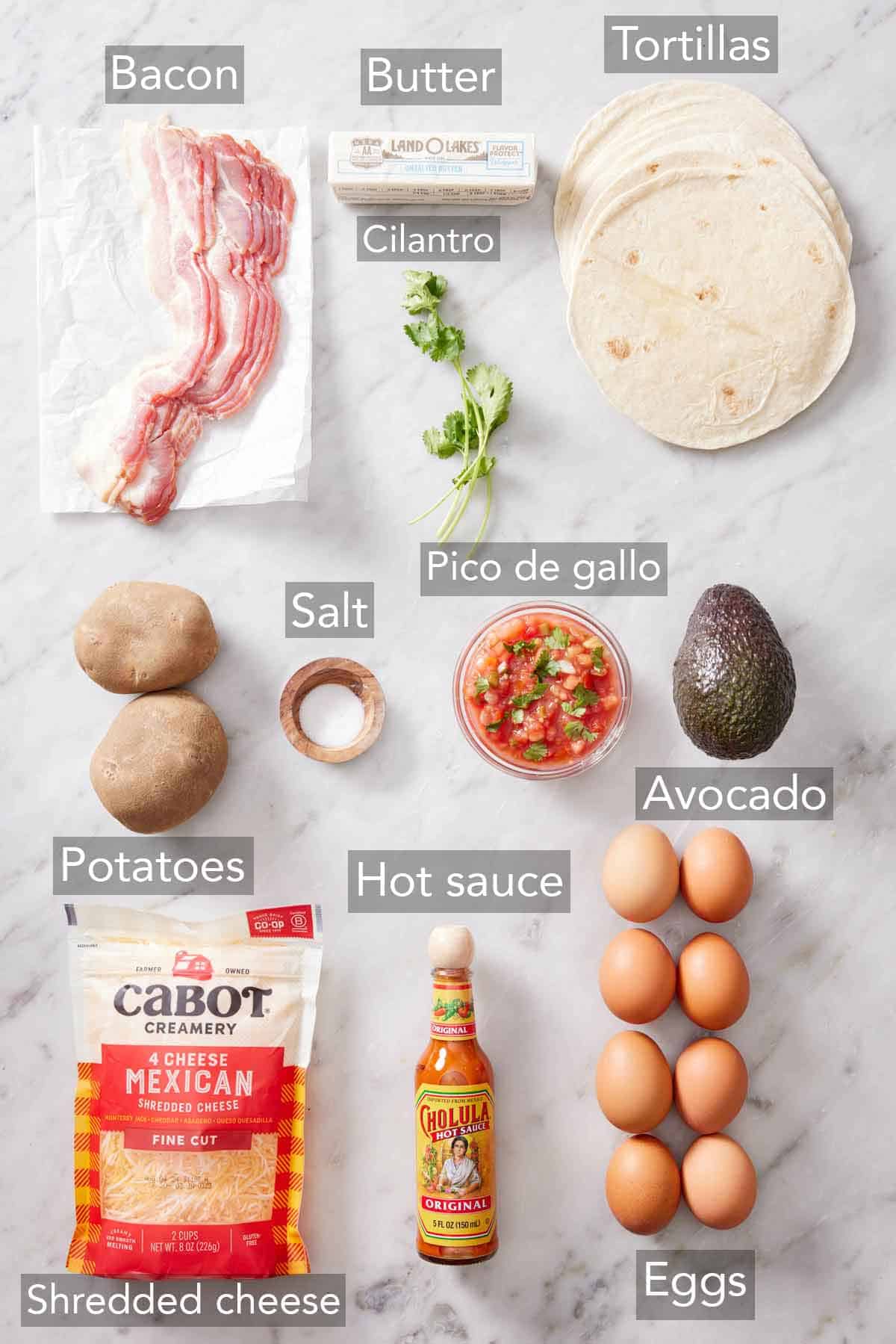 Ingredients needed to make breakfast tacos.