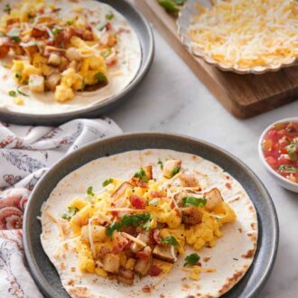 Pinterest graphic of a plate with a breakfast taco with another plate in the background along with toppings.