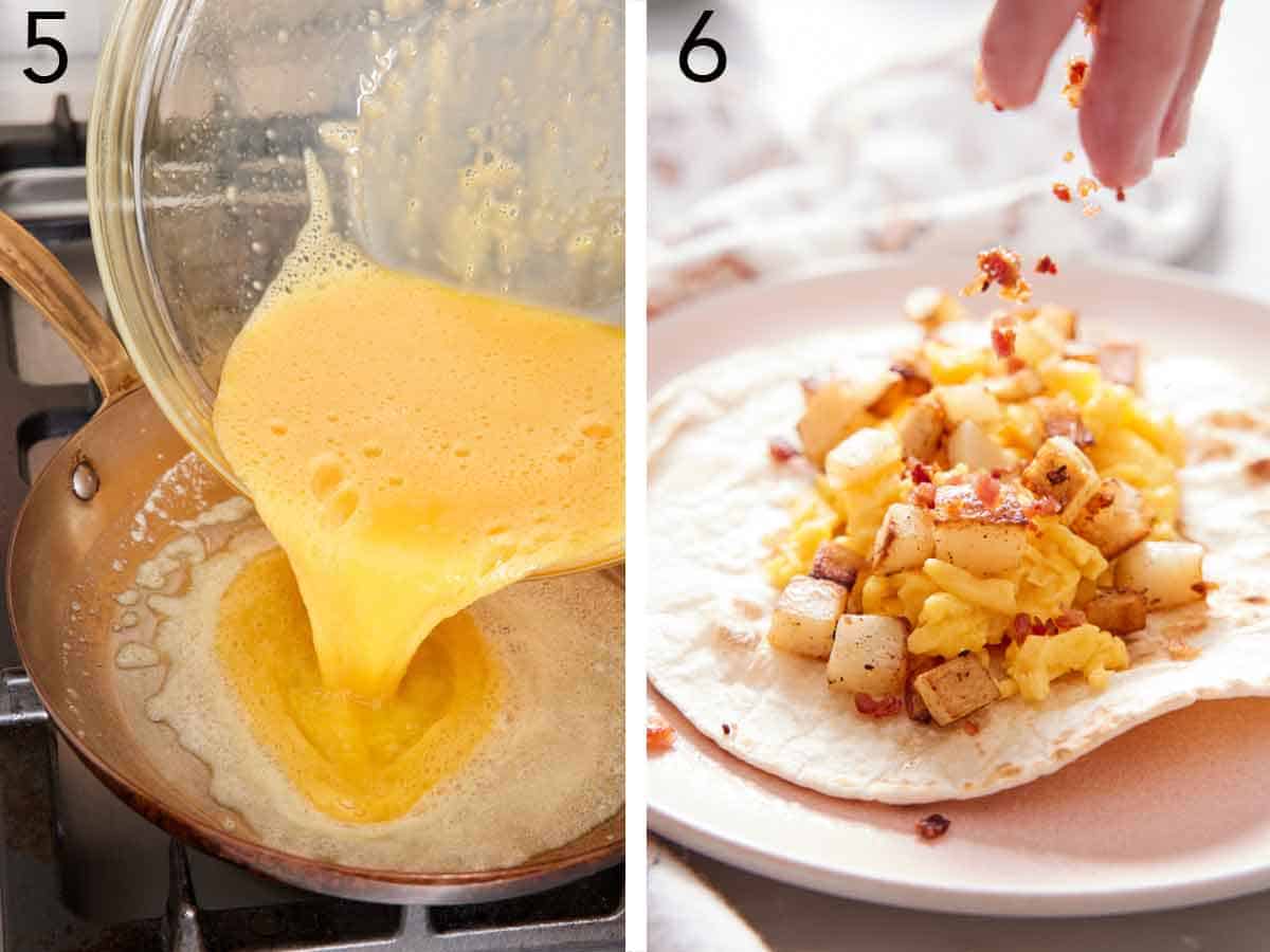 Set of two photos showing eggs added to the skillet and a taco plated.