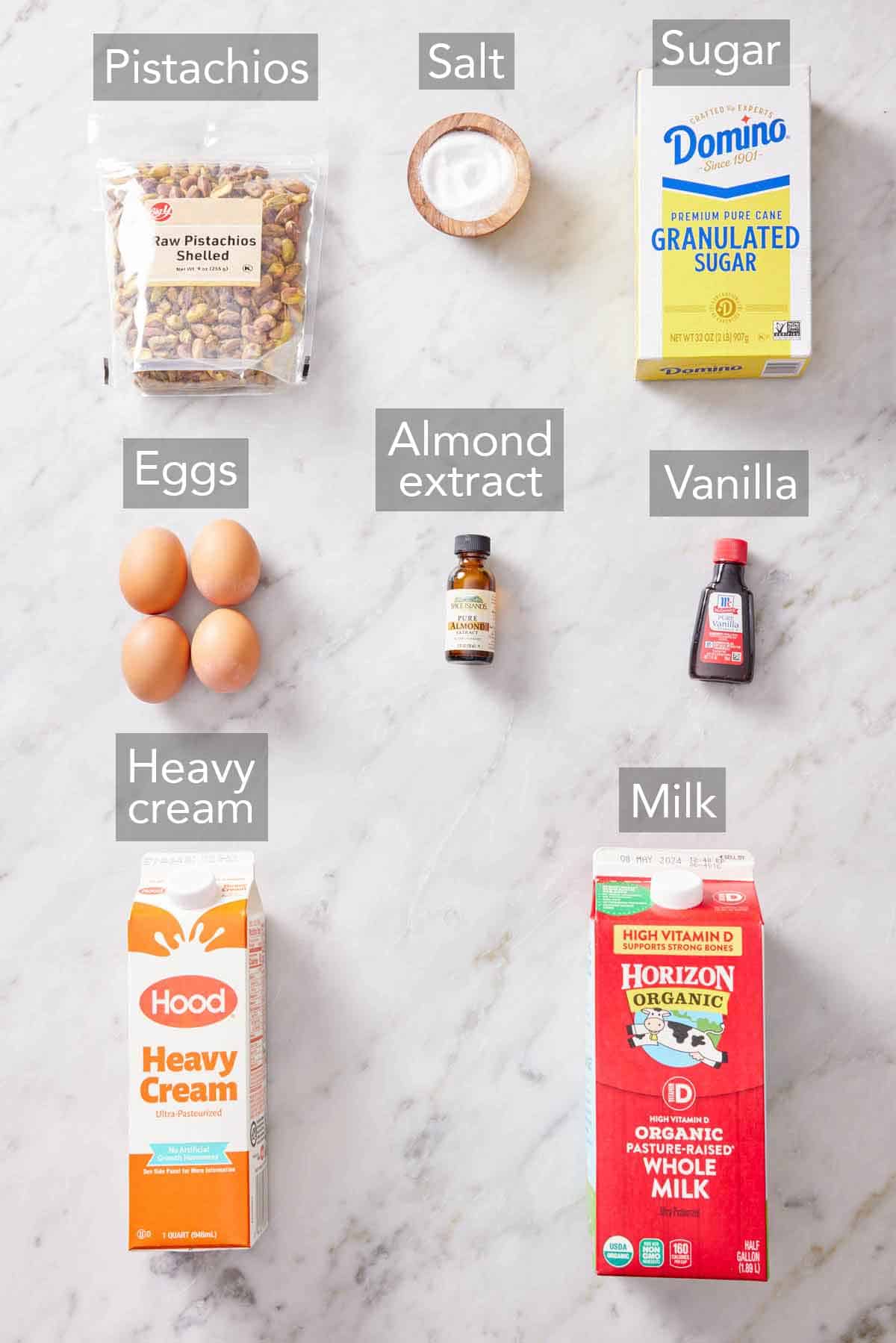 Ingredients needed to make pistachio ice cream.