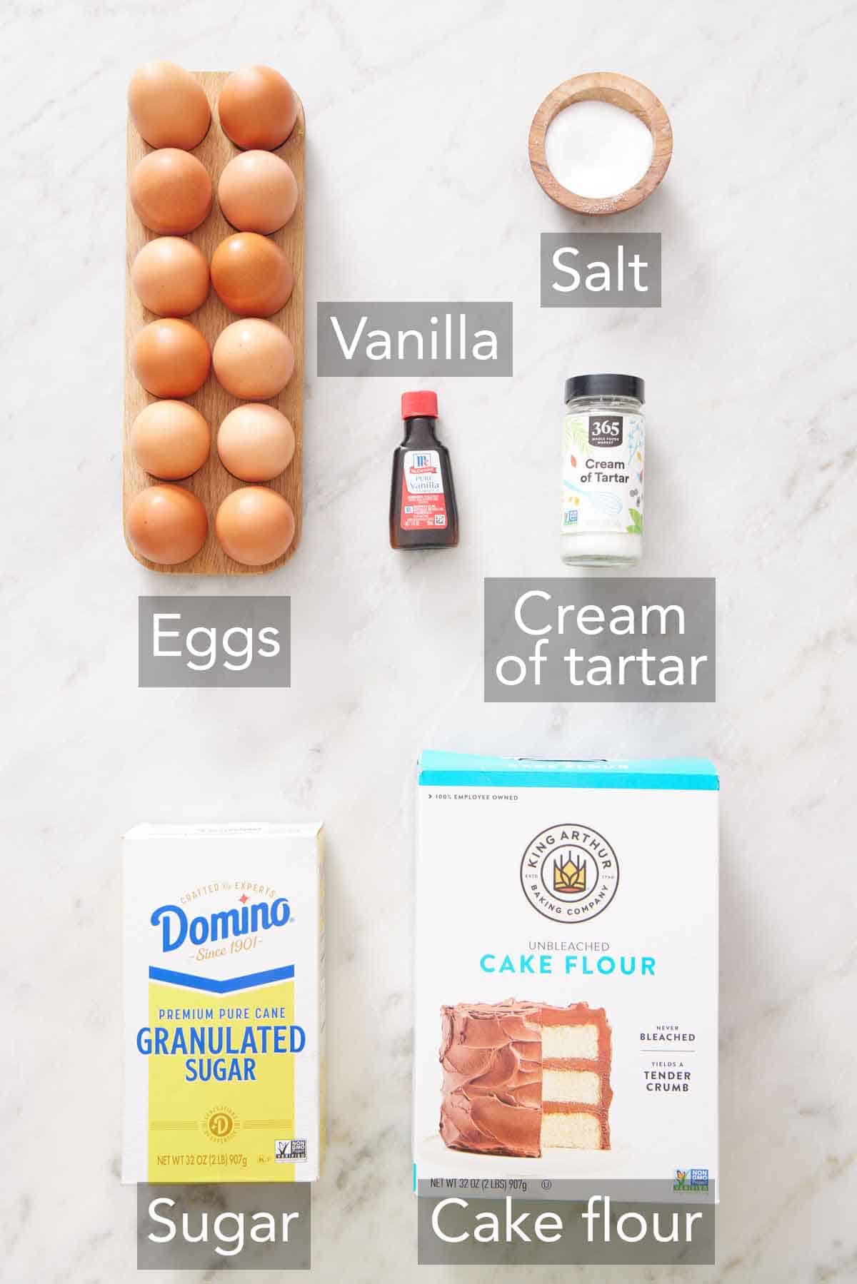 Ingredients needed to make angel food cake.