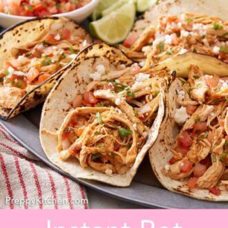 Pinterest graphic of four Instant Pot chicken tacos on a platter.
