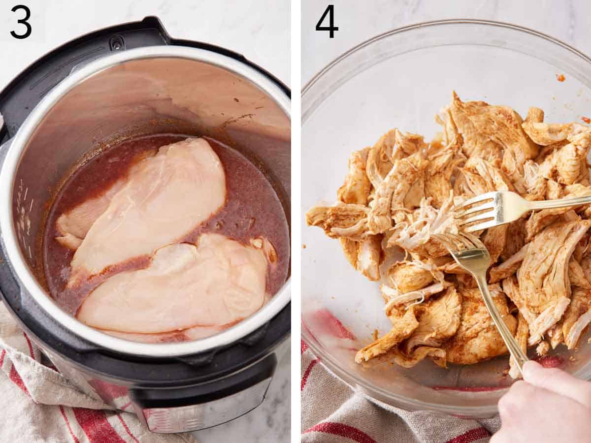 Set of two photos showing chicken breasts added to the pressure cooker and then chicken shredded with two forks.