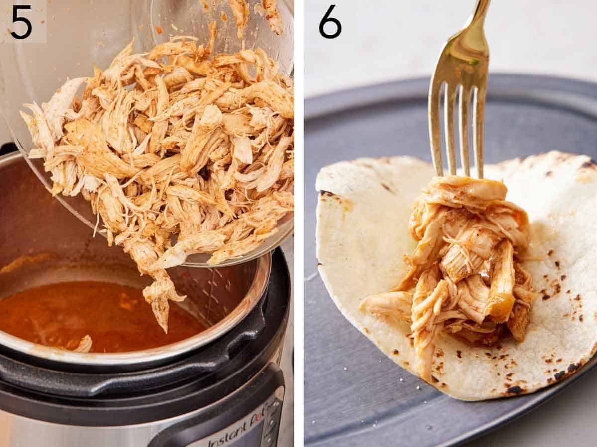 Set of two photos showing cooked shredded chicken added back to the pressure cooker with the salsa and then a taco being assembled.