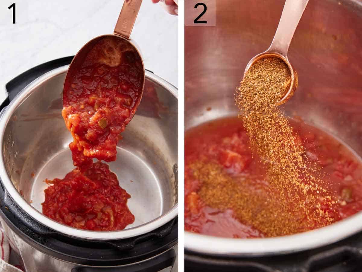 Set of two photos showing salsa and taco seasoning added to the pressure cooker.