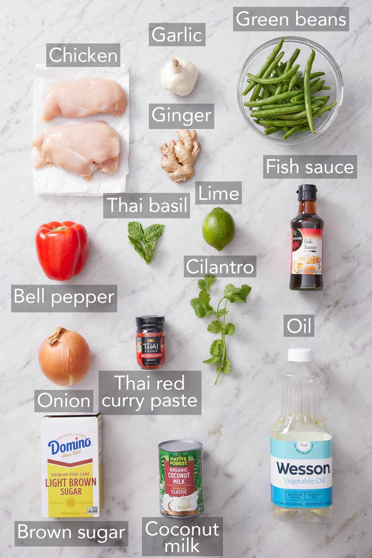 Ingredients needed to make Thai red curry.