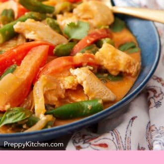 Pinterest graphic of a close up view of bowl of Thai red curry with a spoon inside.