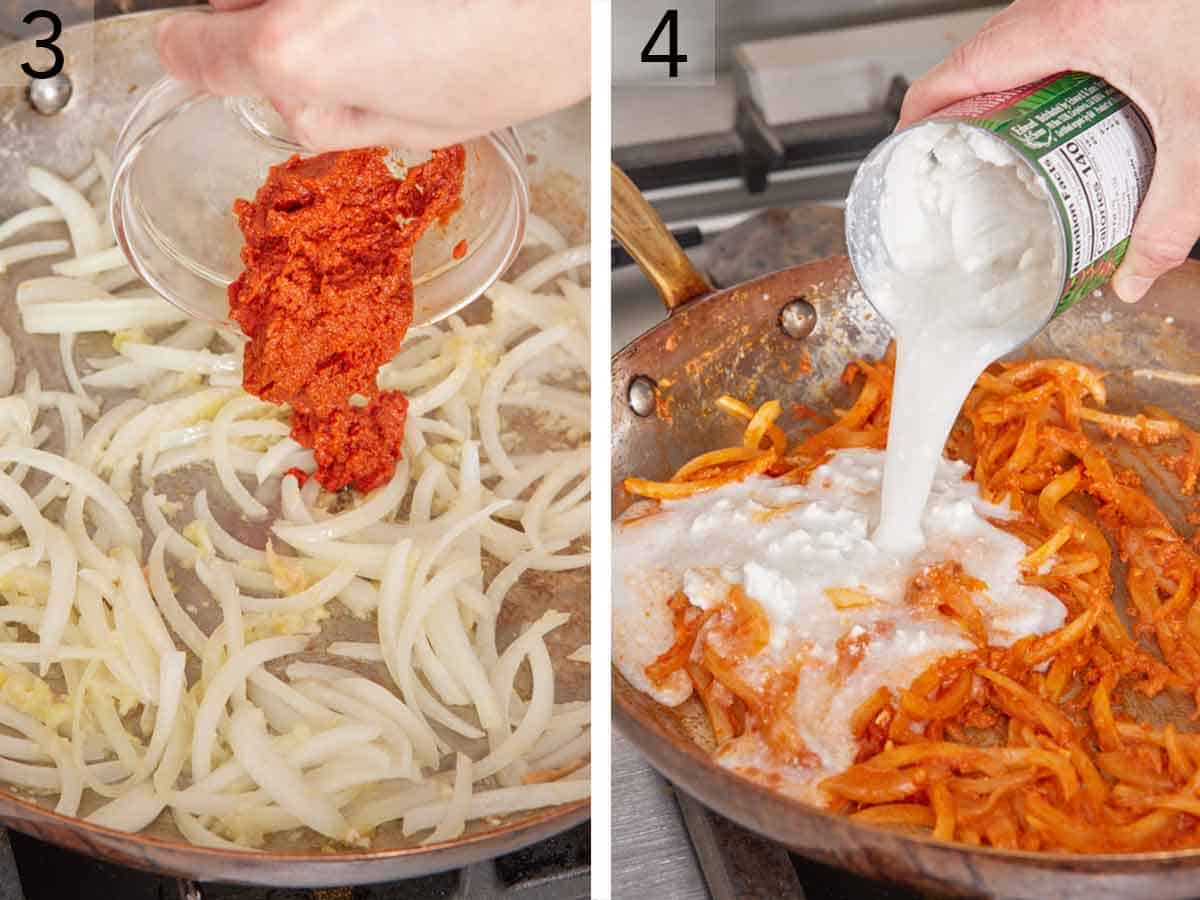 Set of two photos showing red Thai curry paste and coconut milk added to the skillet.