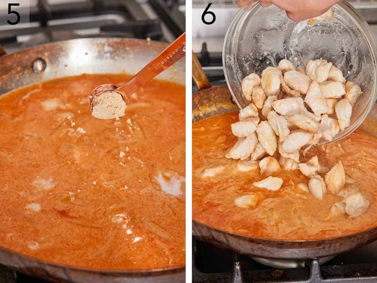Set of two photos showing brown sugar and cooked chicken added to the skillet.