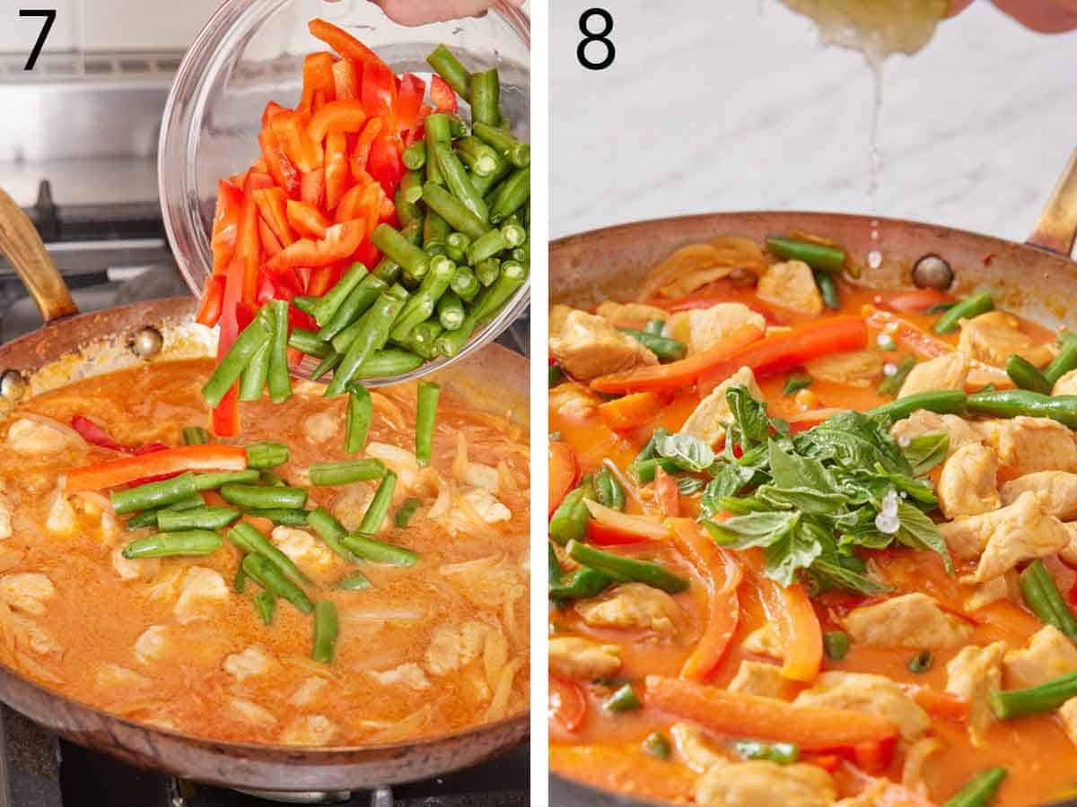 Set of two photos showing red peppers, green beans, basil, and lime juice added to the skillet.