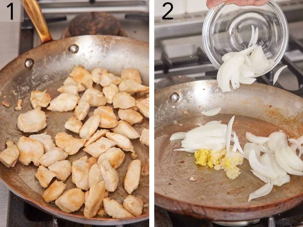 Set of two photos showing chicken cooked in a skillet and then onions, garlic, and ginger added to an empty skillet.