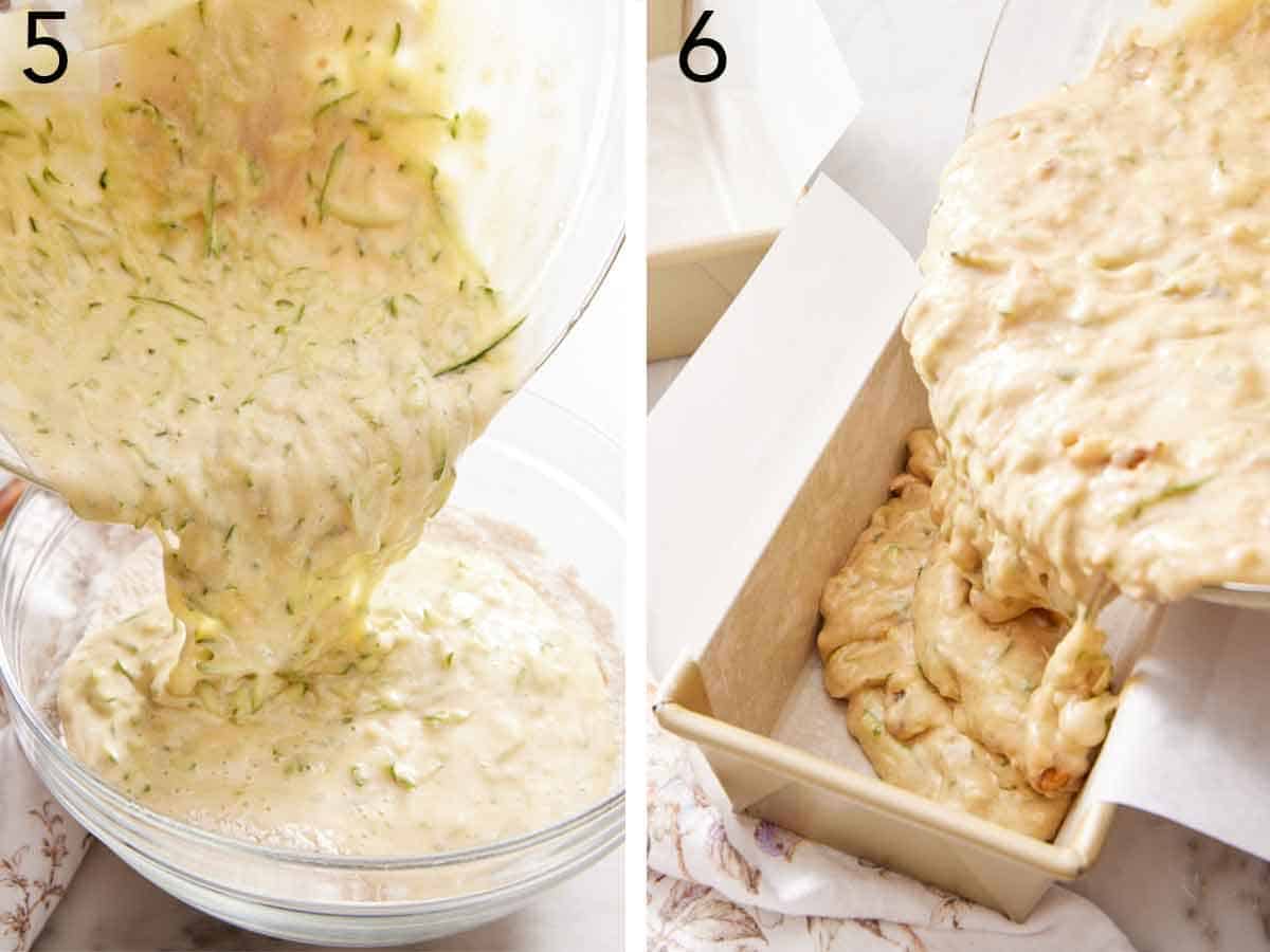 Set of two photos showing batter poured into a bowl of flour and then transferred to a baking dish.