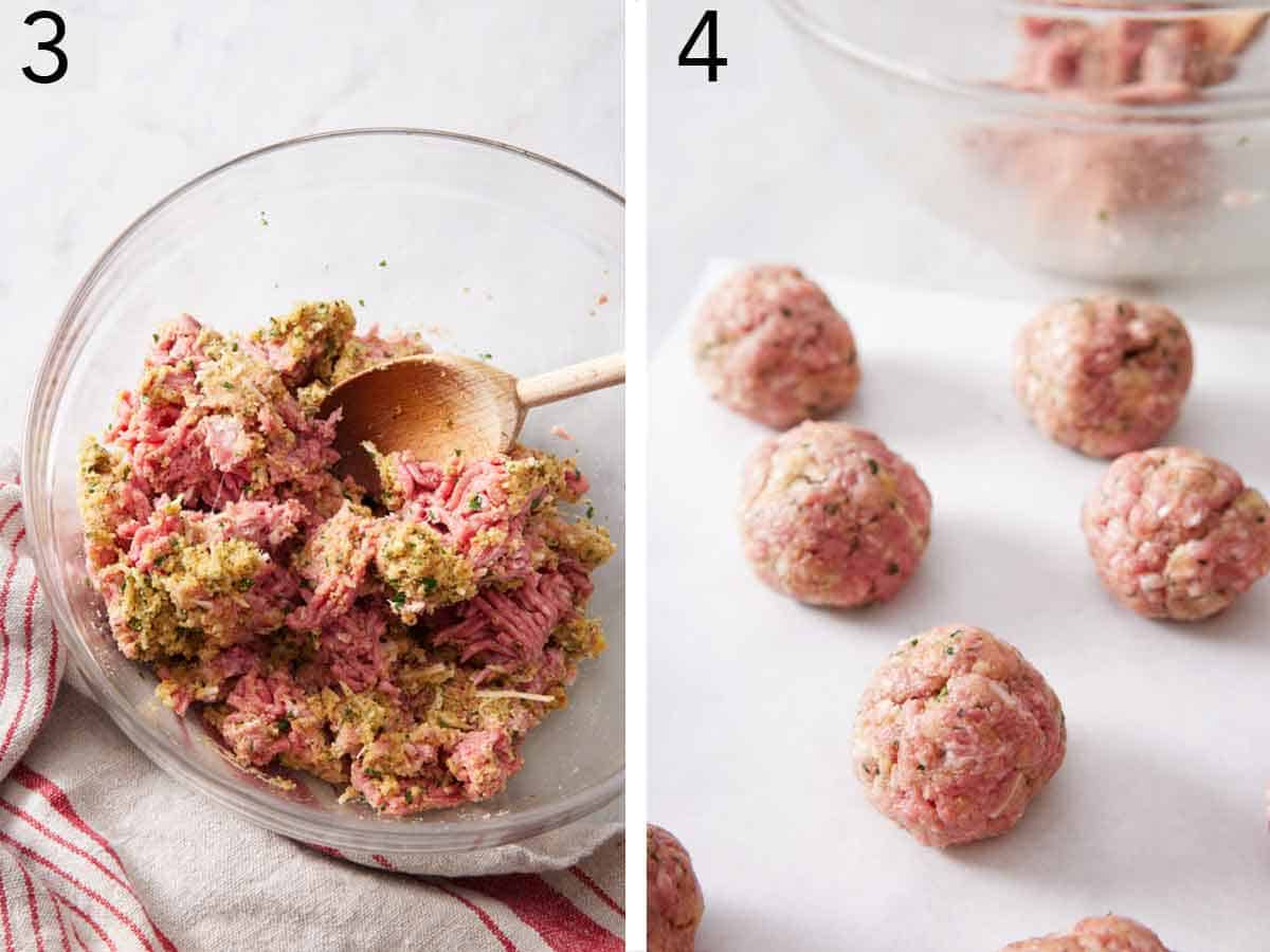 Set of two photos showing meat mixed together and shaped into balls.