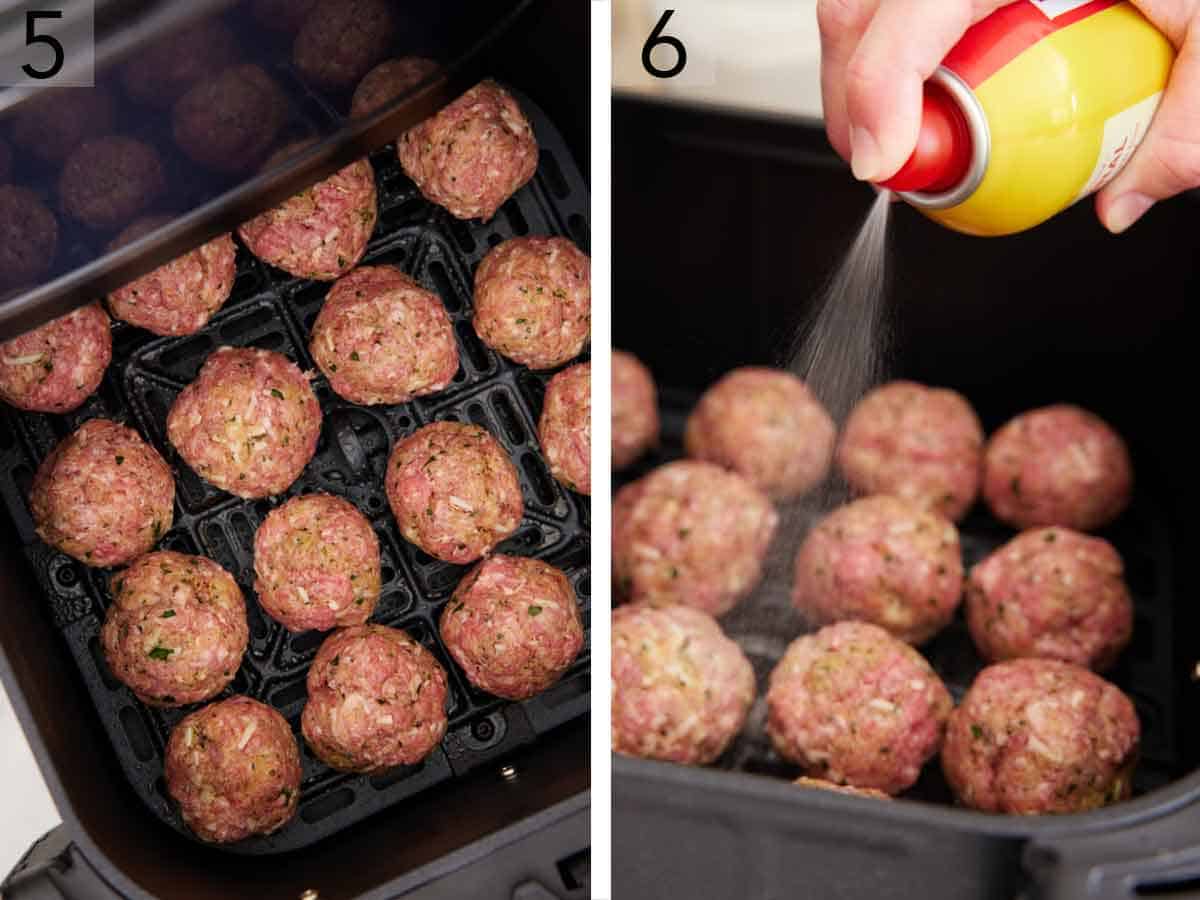 Set of two photos showing meatballs added to an air fryer basket and sprayed with oil.