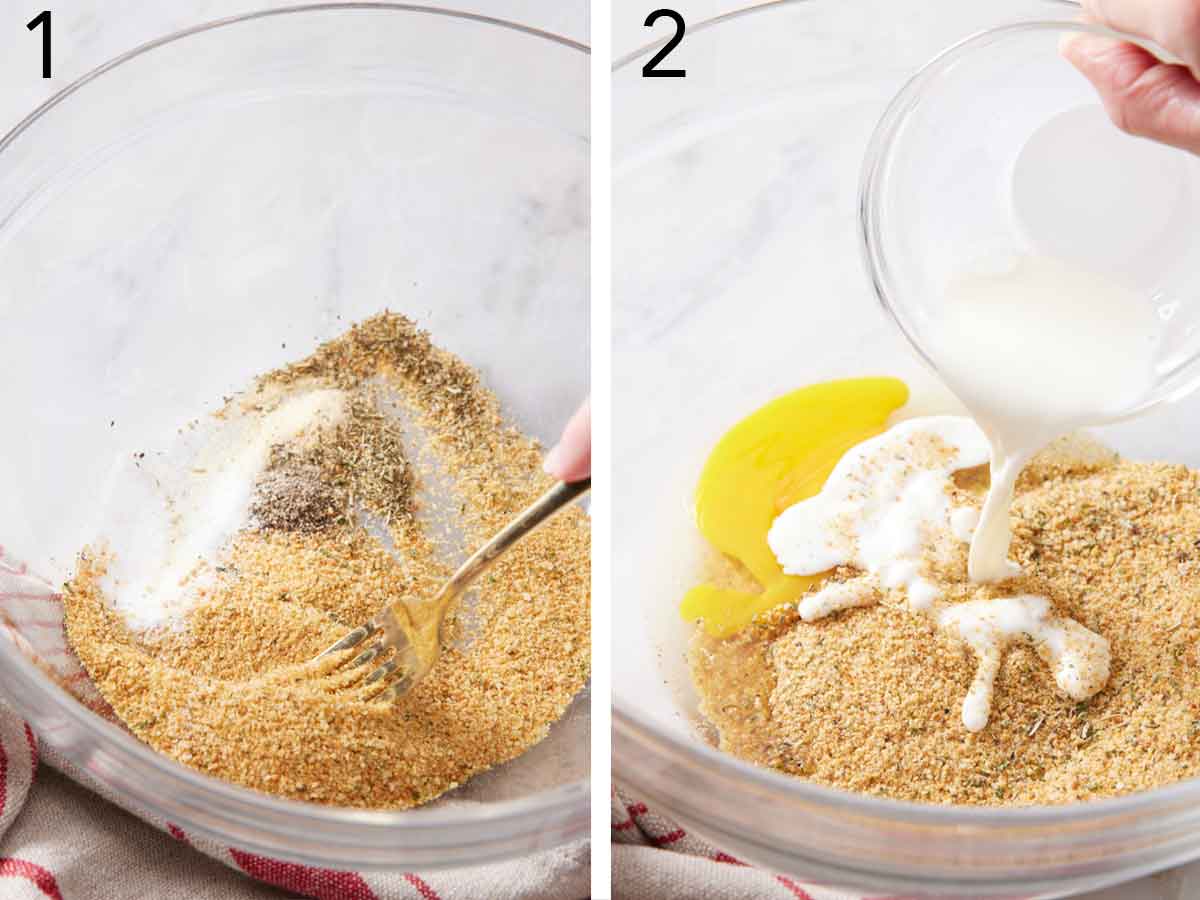 Set of two photos showing dry ingredients mixed together and milk and egg added.