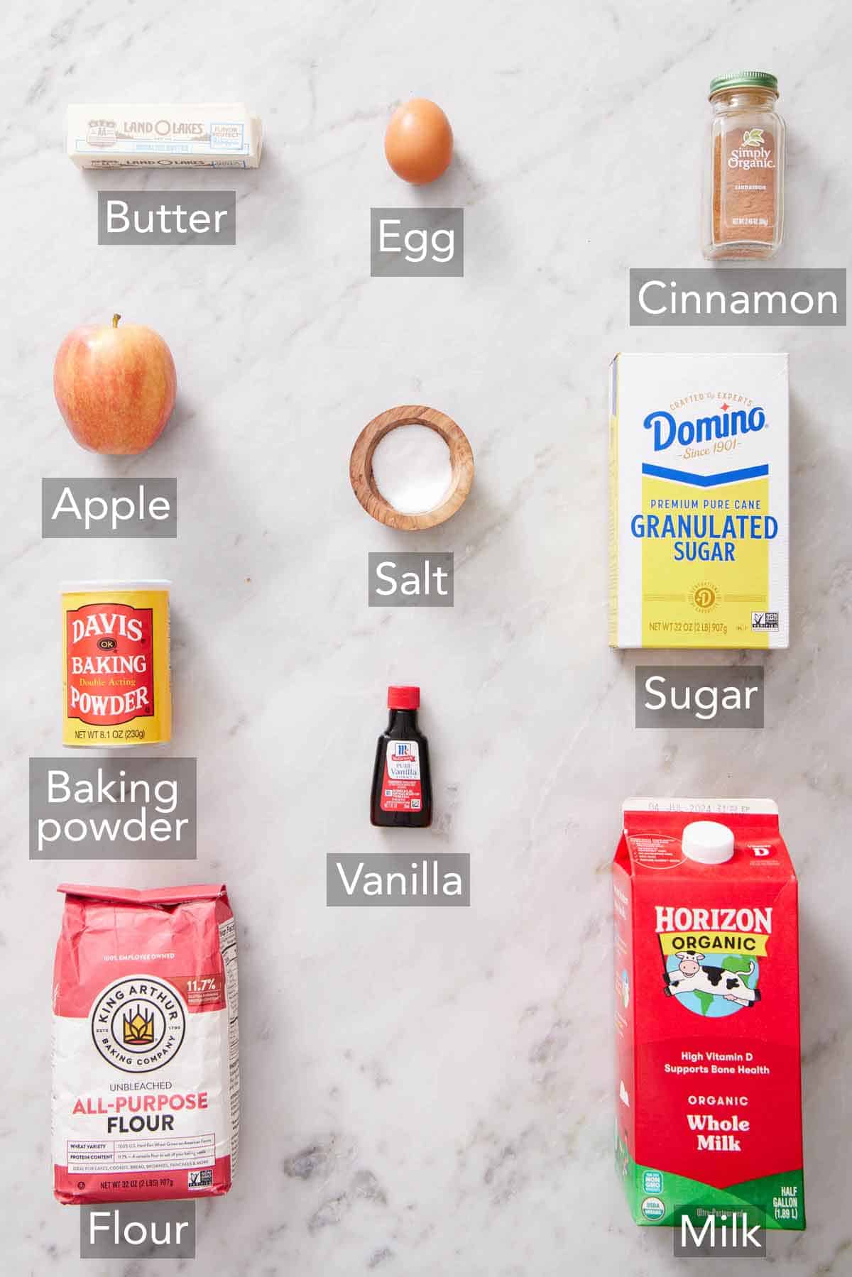 Ingredients needed to make apple pancakes.
