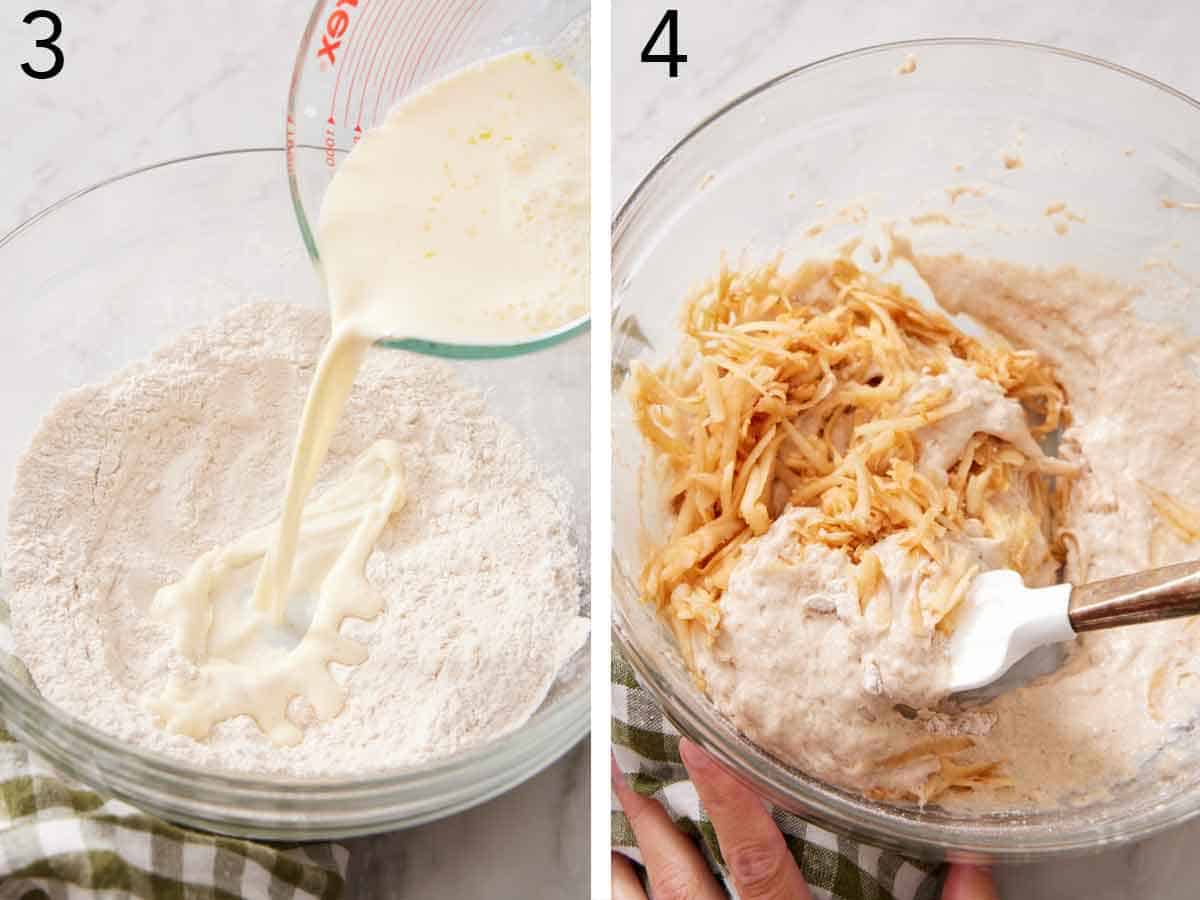Set of two photos showing wet ingredients added to dry ingredients then a grated apple added.