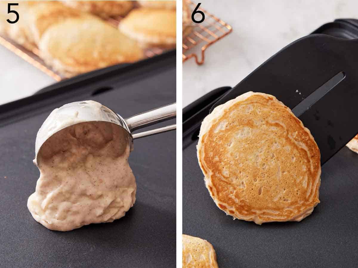 Set of two photos showing batter scooped onto a griddle and then flipped.