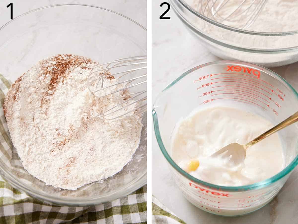Set of two photos showing dry ingredients whisked together and wet ingredients mixed together.