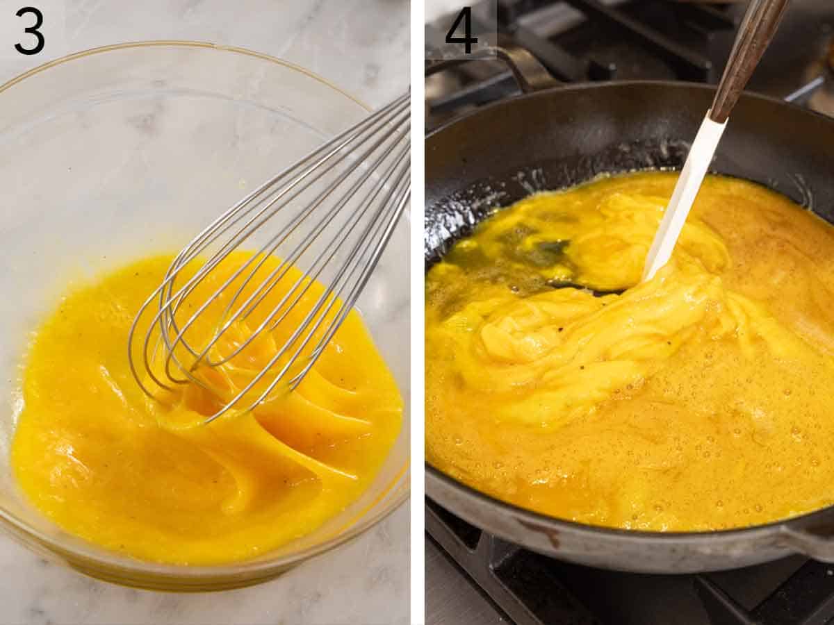 Set of two photos showing eggs whisked in a bowl then cooked in a skillet.