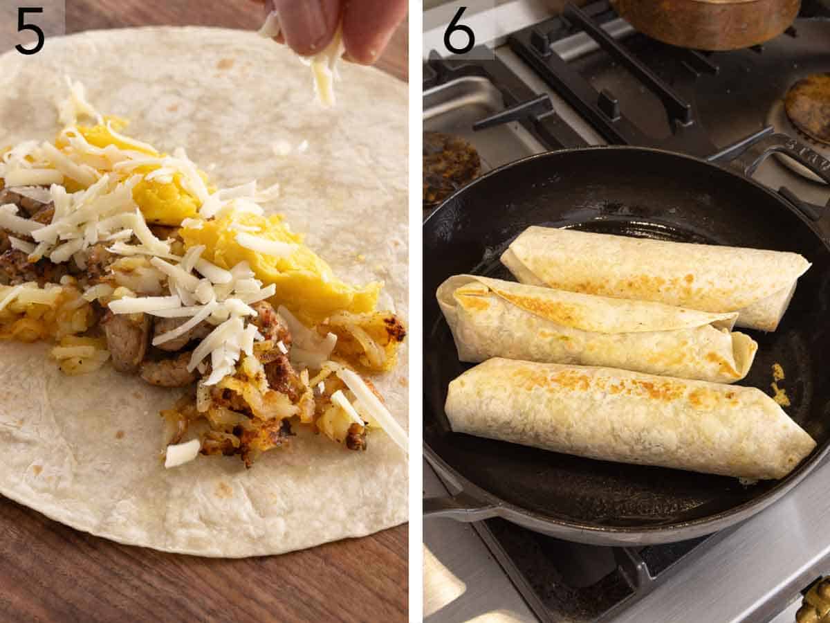 Set of two photos showing filling added to a tortilla and added to a skillet to seal.