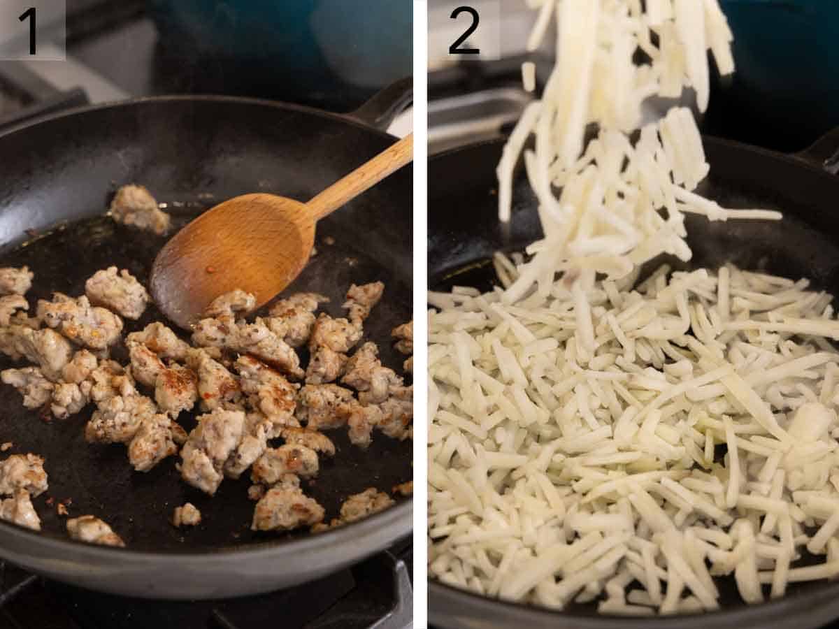 Set of two photos showing breakfast sausage cooked in a skillet and removed then frozen shredded hash browns added.