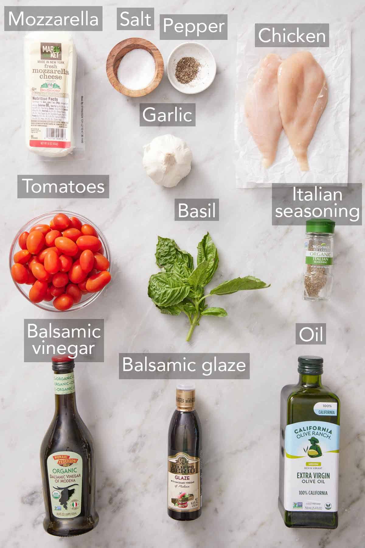 Ingredients needed to make bruschetta chicken.