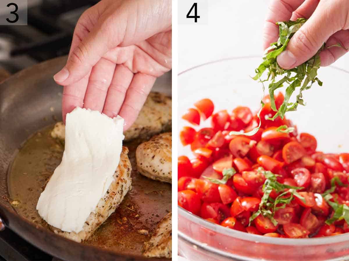 Set of two photos showing cheese placed over a browned chicken breast in a skillet and basil added to the tomatoes.