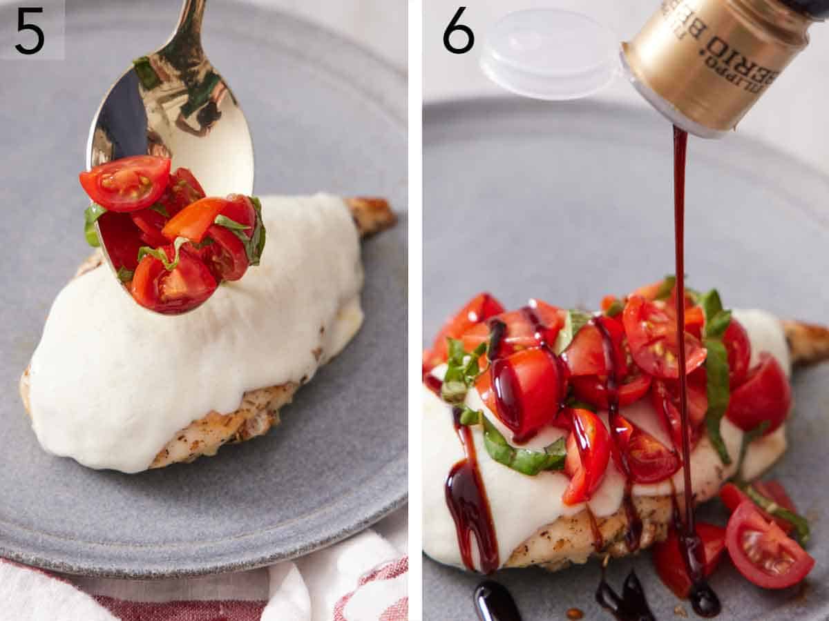 Set of two photos showing seasoned tomatoes spooned over the chicken and balsamic glaze drizzled on top.
