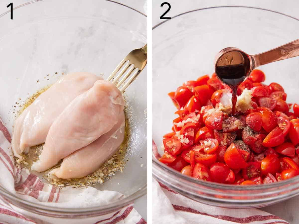 Set of two photos showing chicken added to a bowl of seasoning and balsamic vinegar poured over chopped tomatoes.