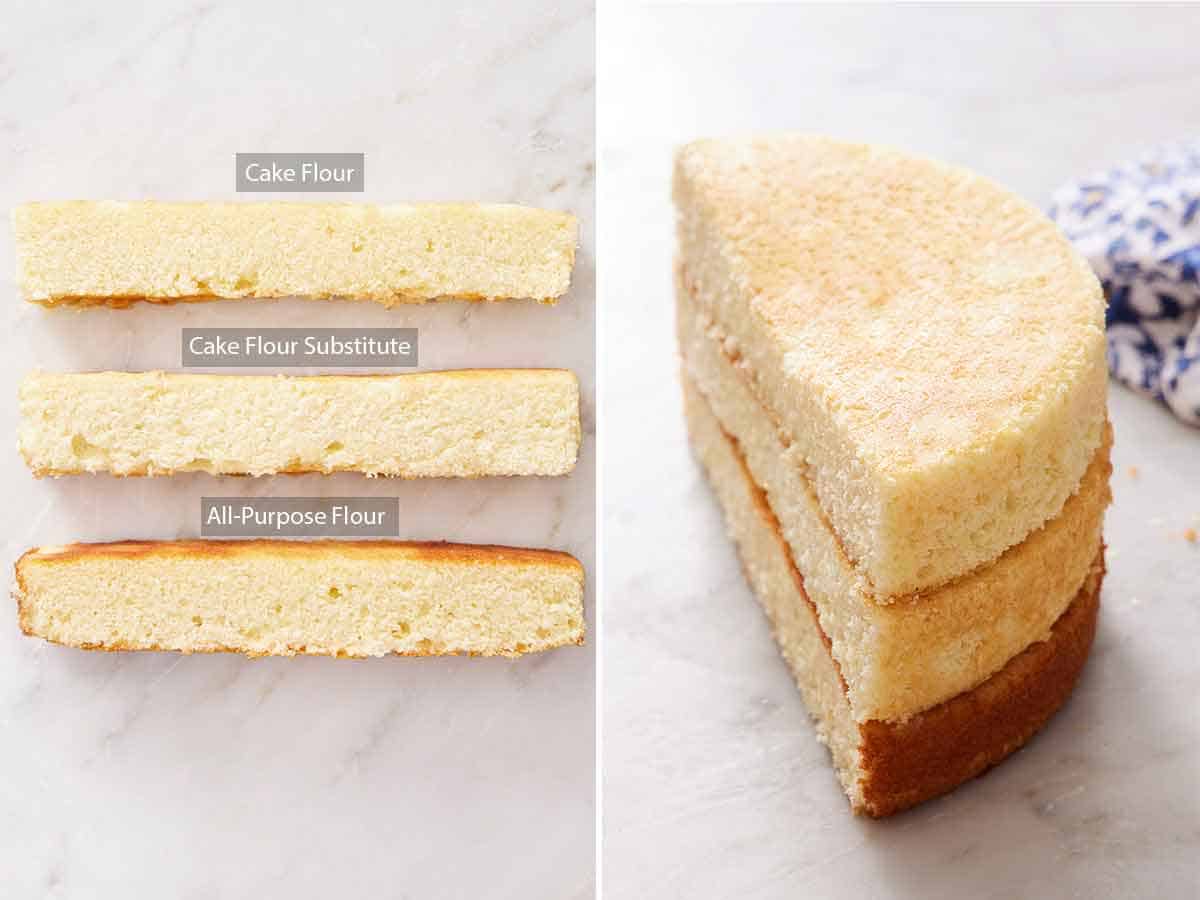 Set of two photos showing three cake layers made with different types of flour.