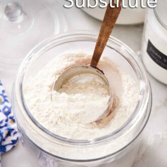 Pinterest graphic of a large jar of cake flour substitute with a measuring cup inside.