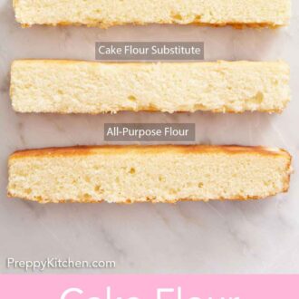 Pinterest graphic of three cake layers made with different types of flour.