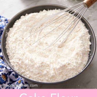 Pinterest graphic of a bowl of cake flour substitute with a whisk.