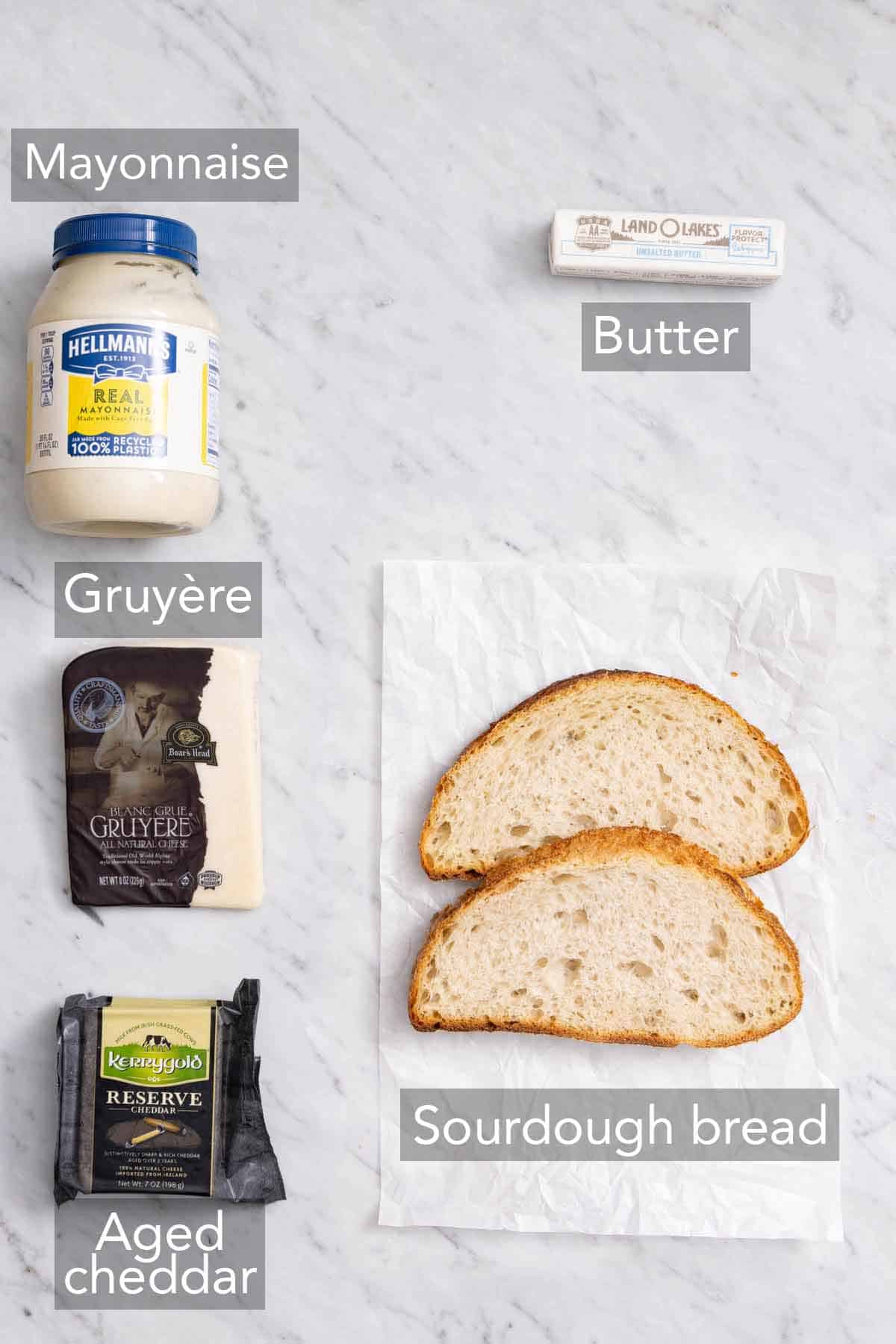 Ingredients needed to make grilled cheese.