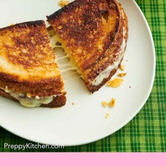 Pinterest graphic of a plate with a grilled cheese cut in half and slightly pulled apart.
