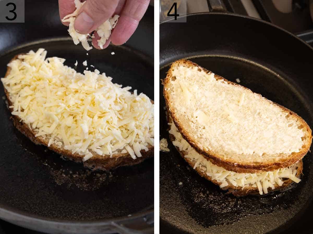 Set of two photos showing cheese added to the slice of bread in the skillet and another slice placed on top.