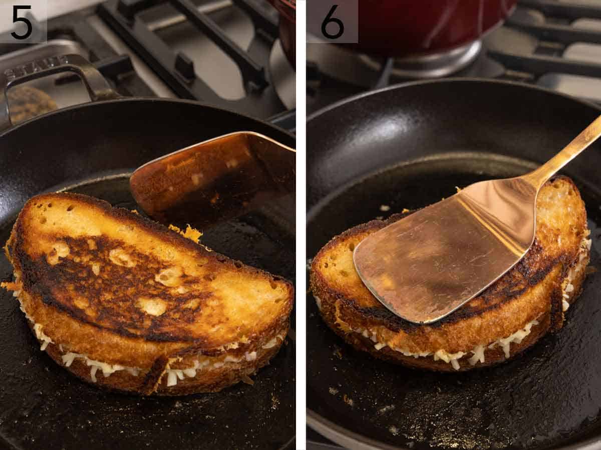 Set of two photos showing grilled cheese flipped on the skillet and pressed down on.