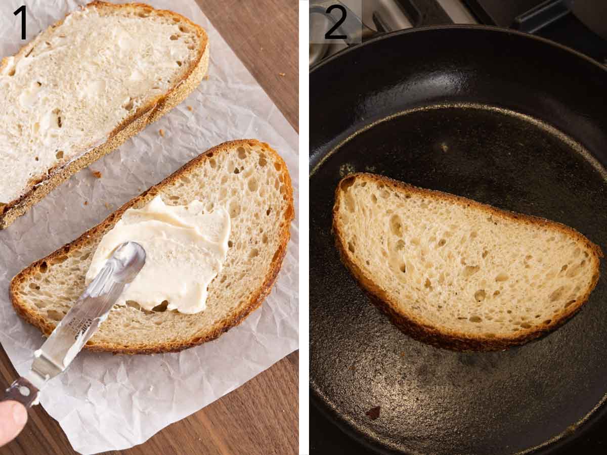 Set of two photos showing mayonnaise spread onto sliced bread and placed in a skillet.