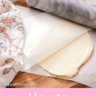 Pinterest graphic of butter rolled between two sheets of parchment with a rolling pin.