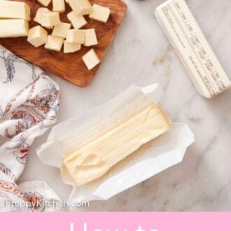 Pinterest graphic of softened butter in three forms: a stick, cut into cubes, and shredded.