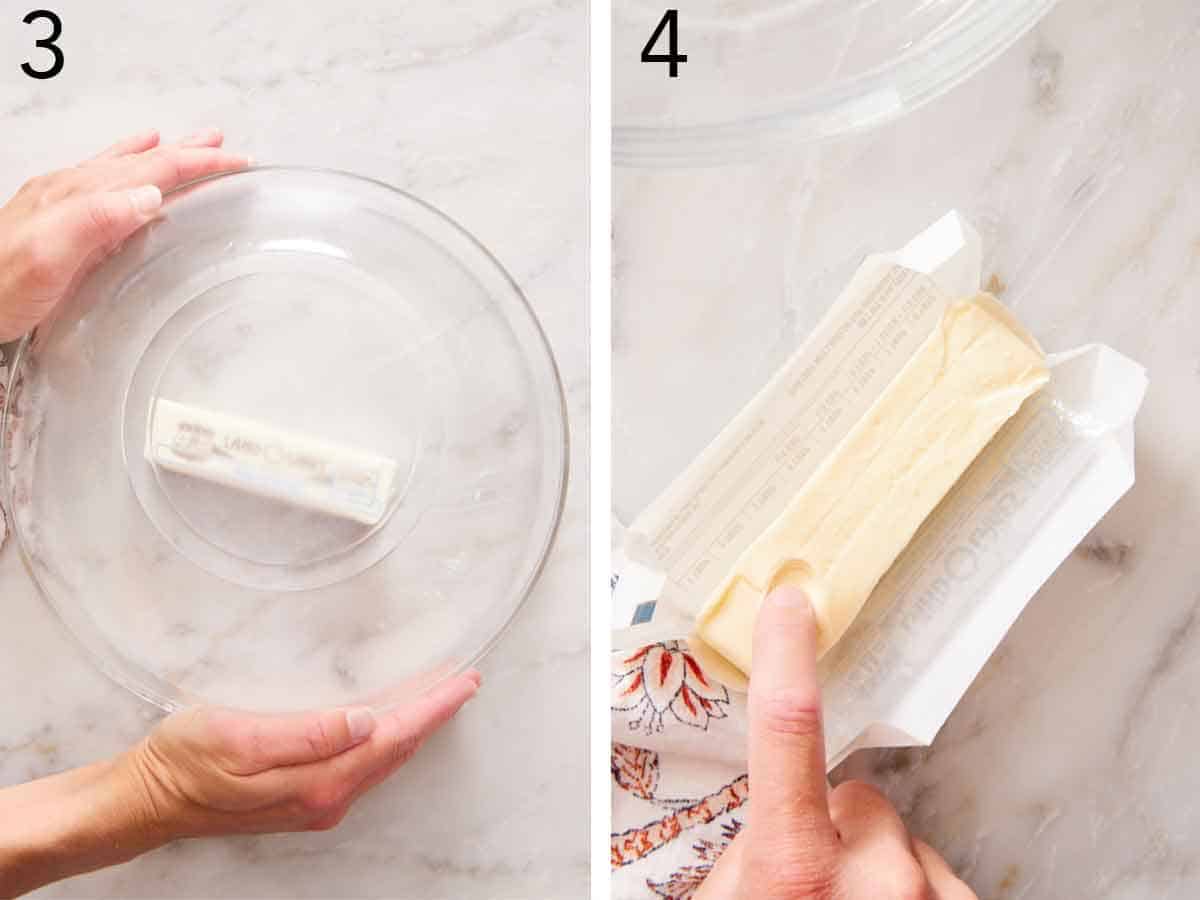 Set of two photos showing butter added to the hot bowl and then softened.