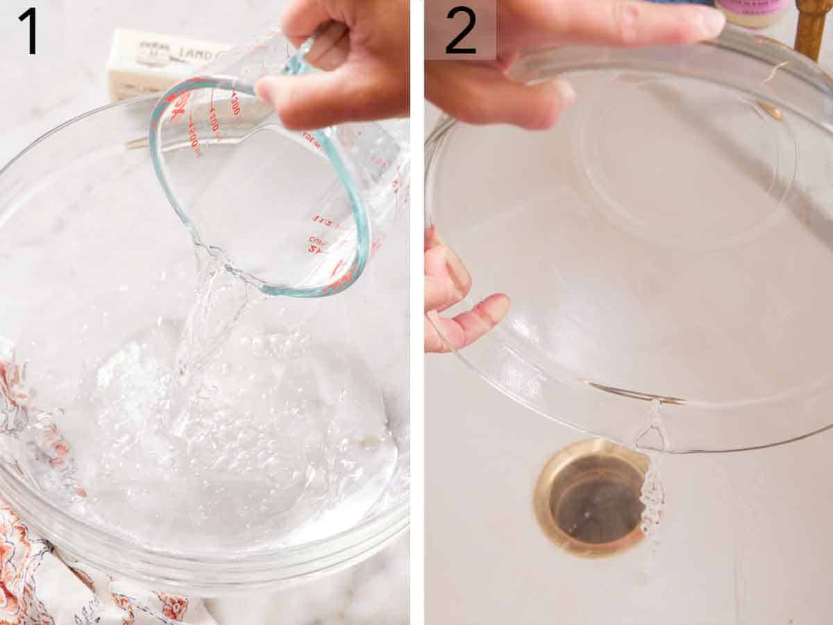 Set of two photos showing hot water poured into a mixing bowl and drained.